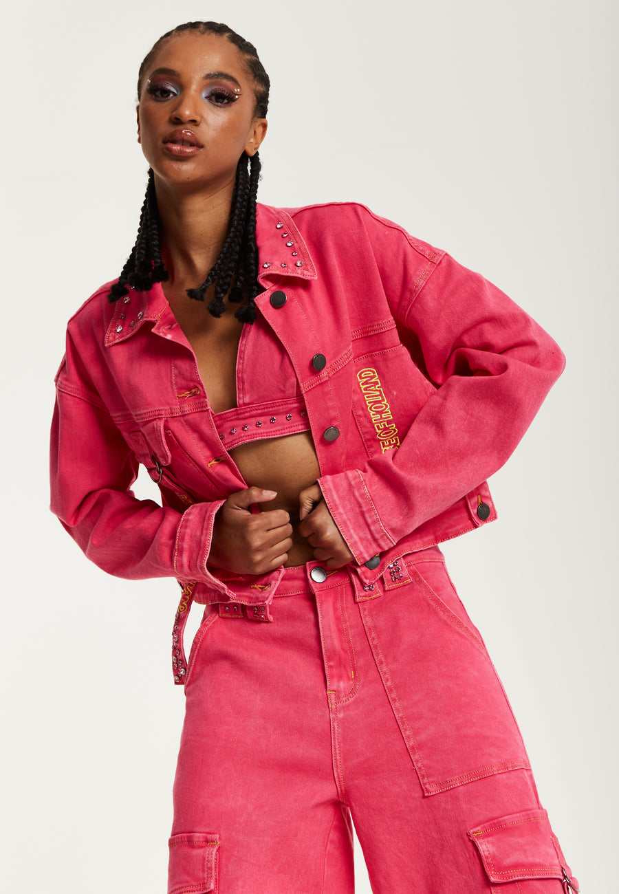 Womens Stretch Denim Jacket Denim Pink & Grey, UK Sizes 6 to 14