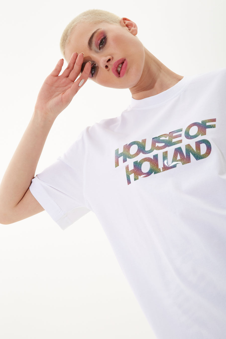 HOUSE OF HOLLAND UNISEX WHITE T-SHIRT WITH SHIMMER RAINBOW TRANSFER PRINT