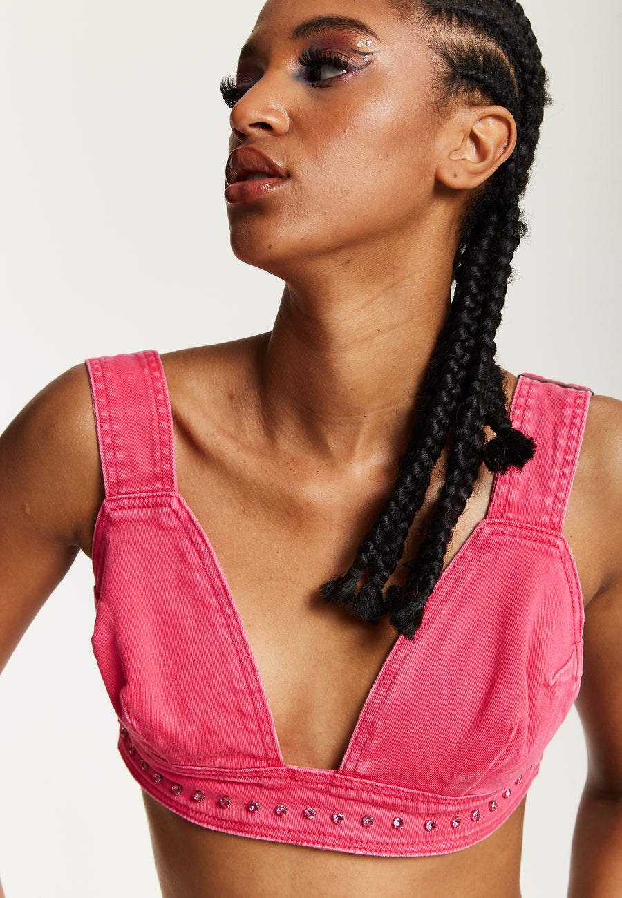 House of Holland Hot Pink Denim Studded Bralette