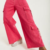 House of Holland Hot Pink Denim Wide Leg Cargo Trousers