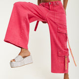 House of Holland Hot Pink Denim Wide Leg Cargo Trousers