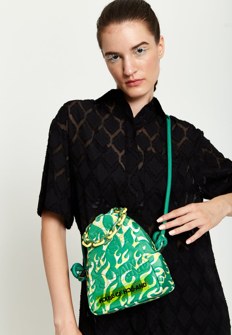 House Of Holland Mint Green Flame Bag With Quilted Logo And Chain Detail