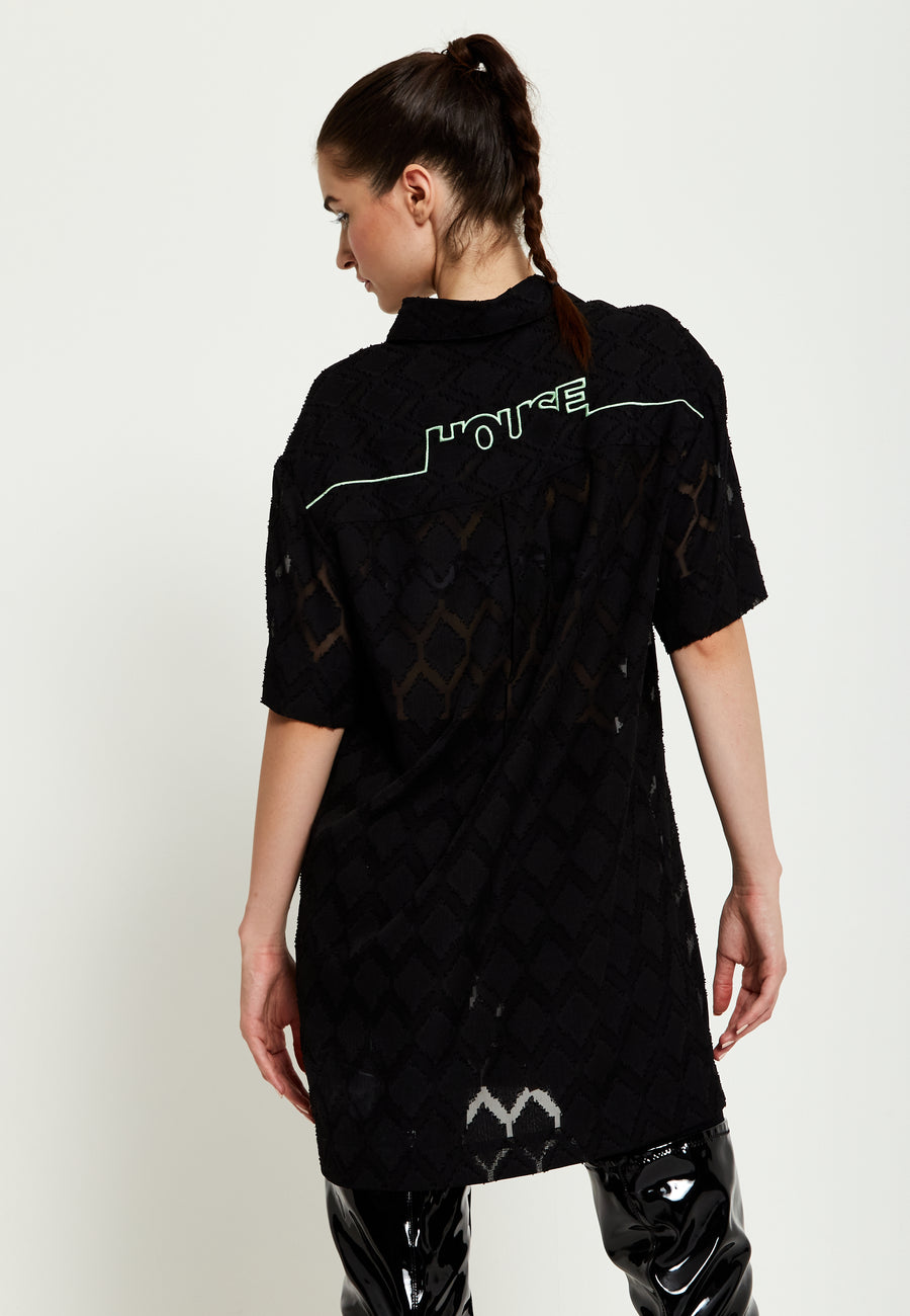 House Of Holland Logo Back Shirt In Black With Green Embroidery
