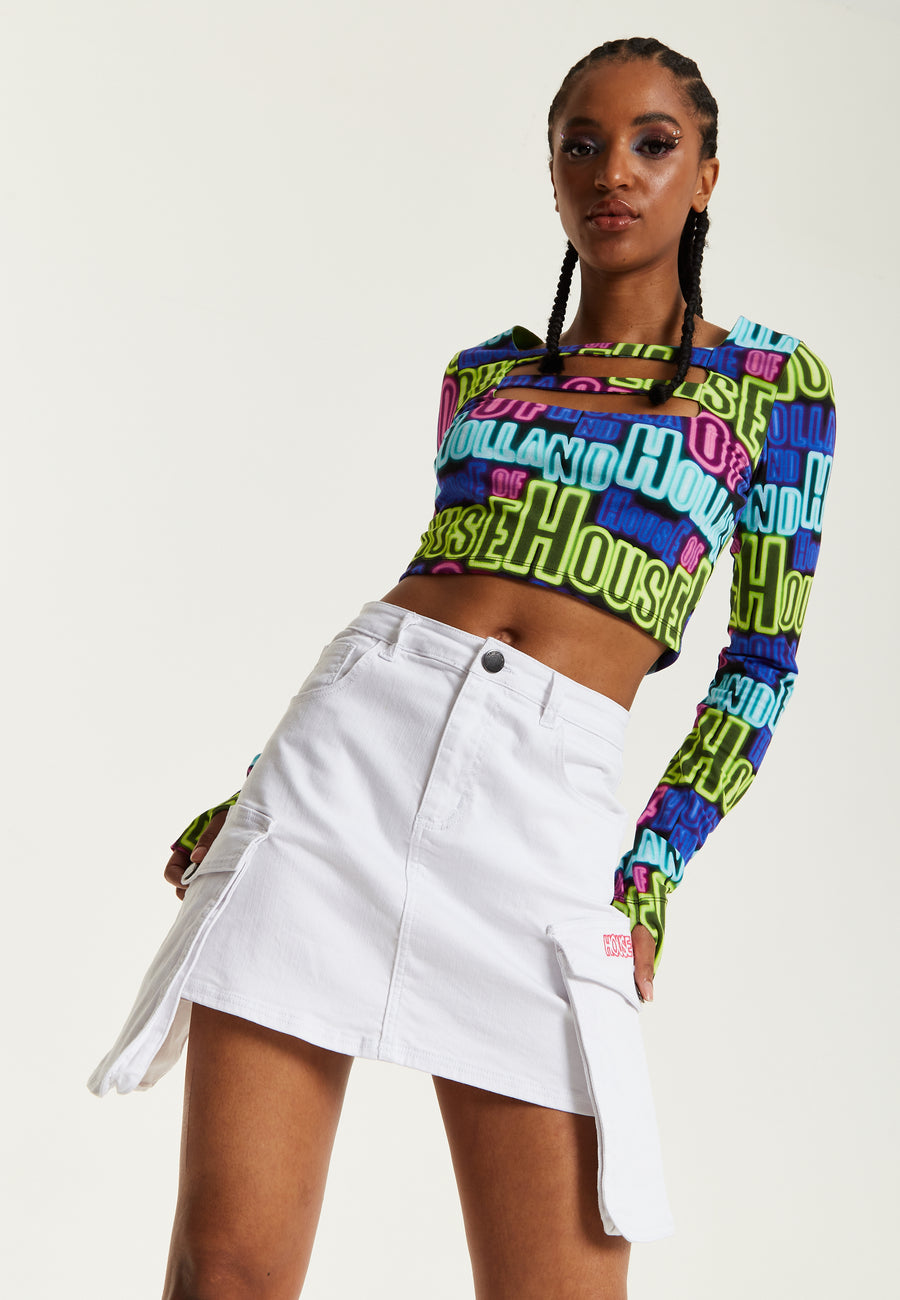 House of Holland Printed Multicolour Crop Top With Cut Out Details