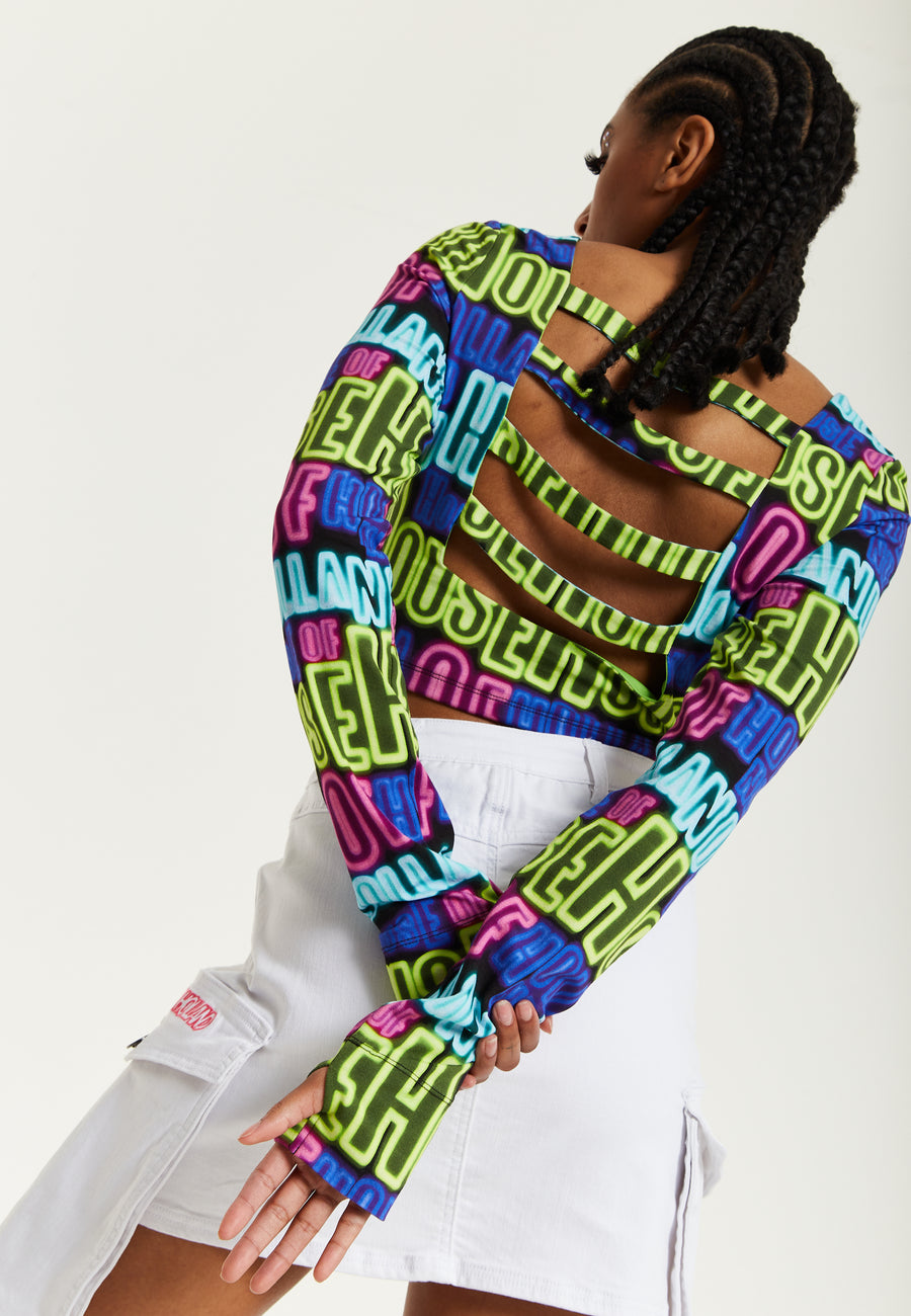 House of Holland Printed Multicolour Crop Top With Cut Out Details