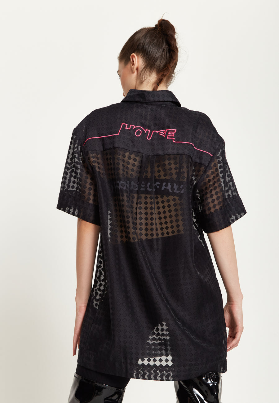 House Of Holland Logo Back Shirt in Black with Pink Embroidery