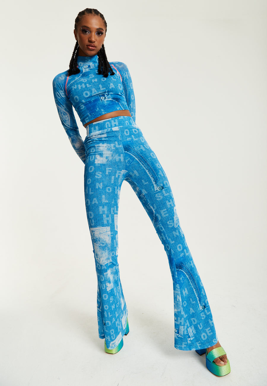 House Of Holland Denim Print High-Neck Top
