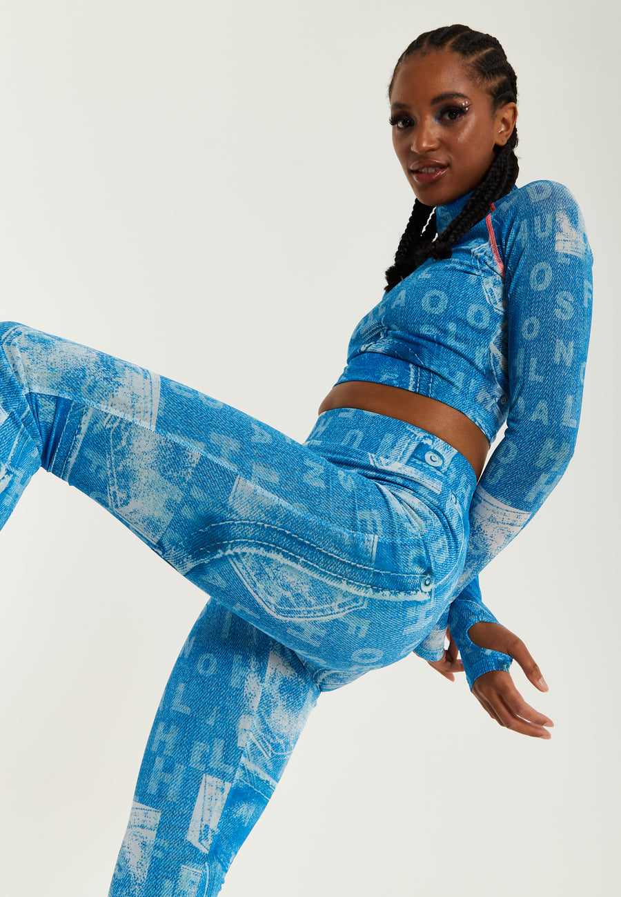 House Of Holland Denim Print High-Neck Top
