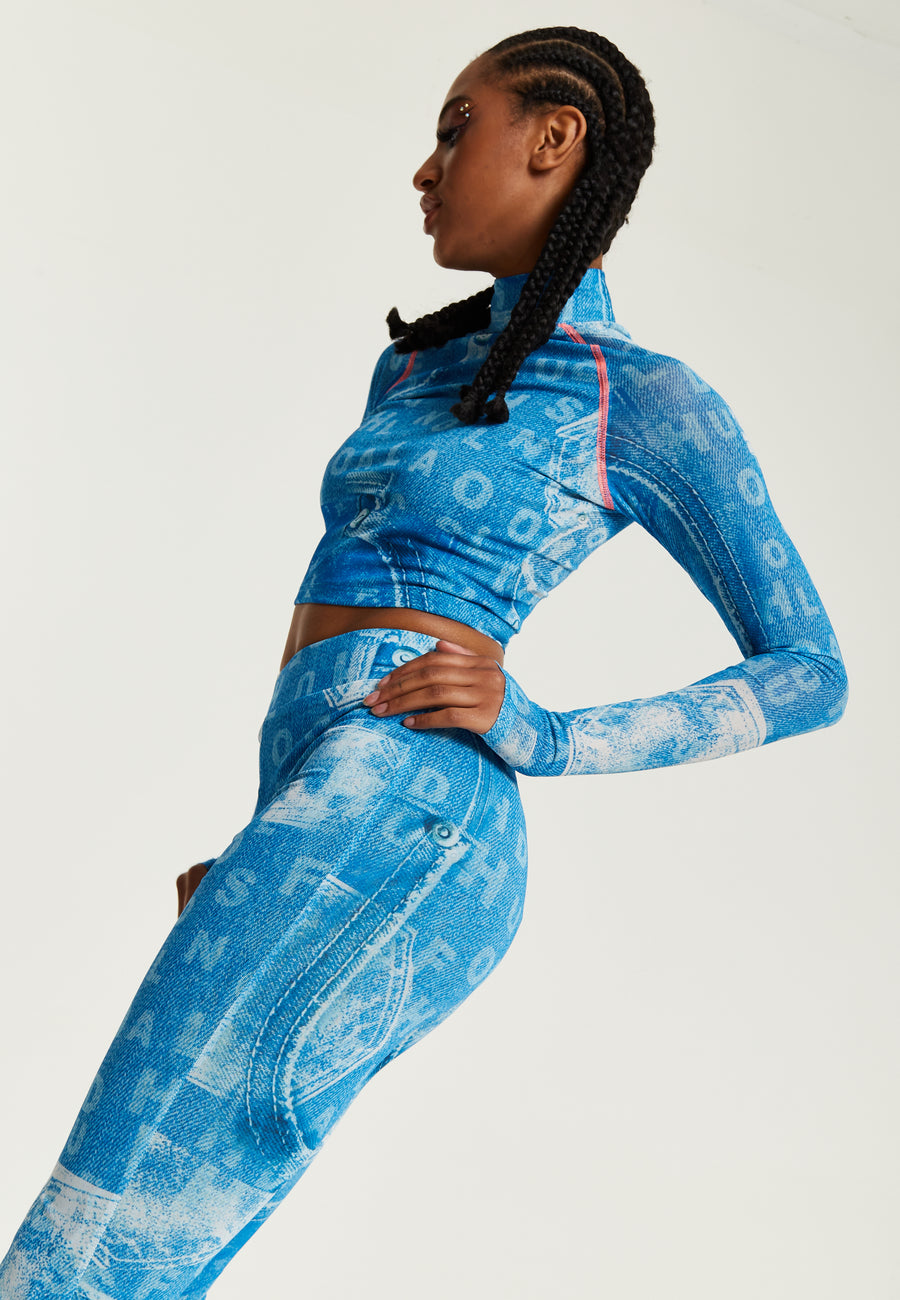 House Of Holland Denim Print High-Neck Top