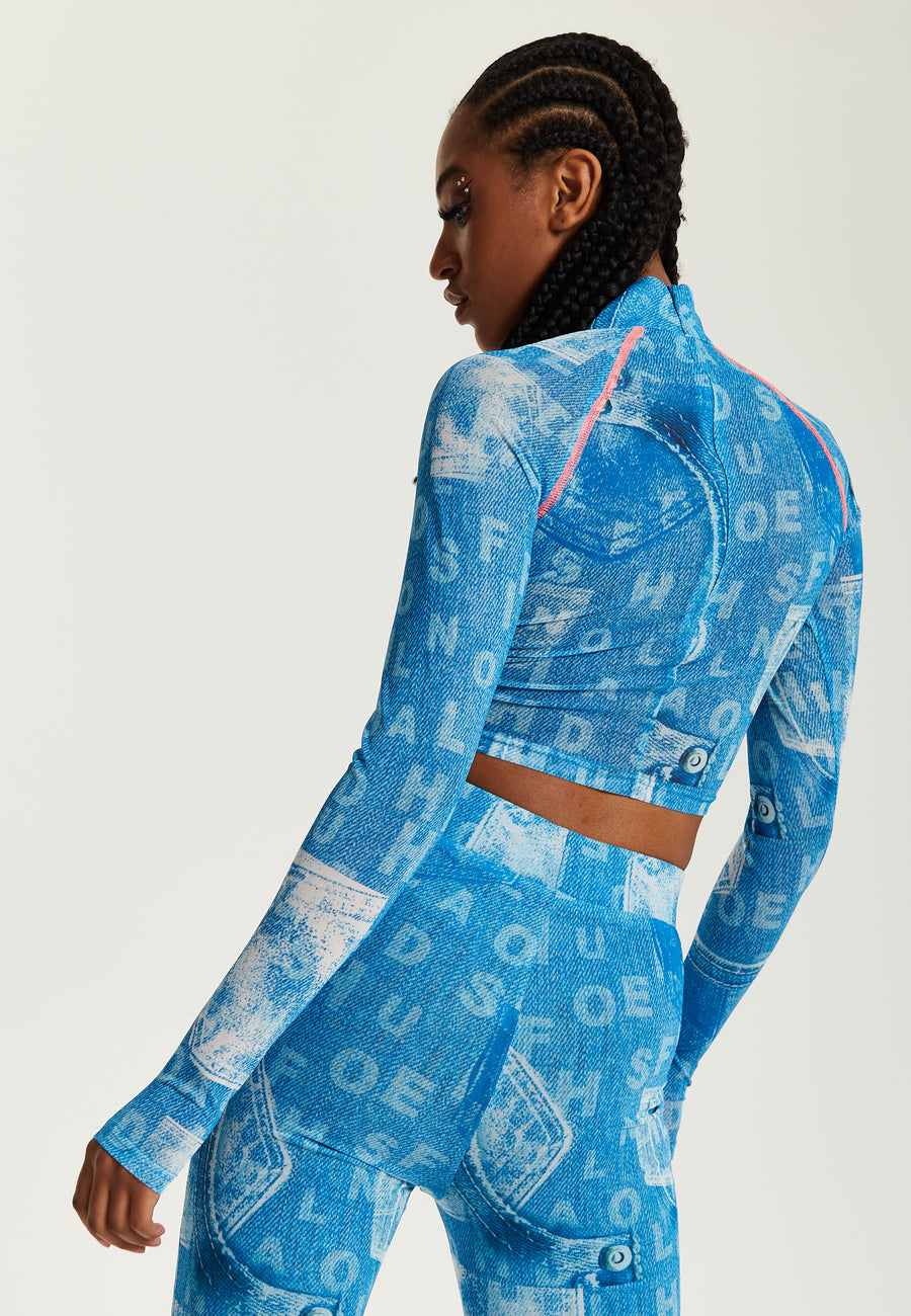 House Of Holland Denim Print High-Neck Top