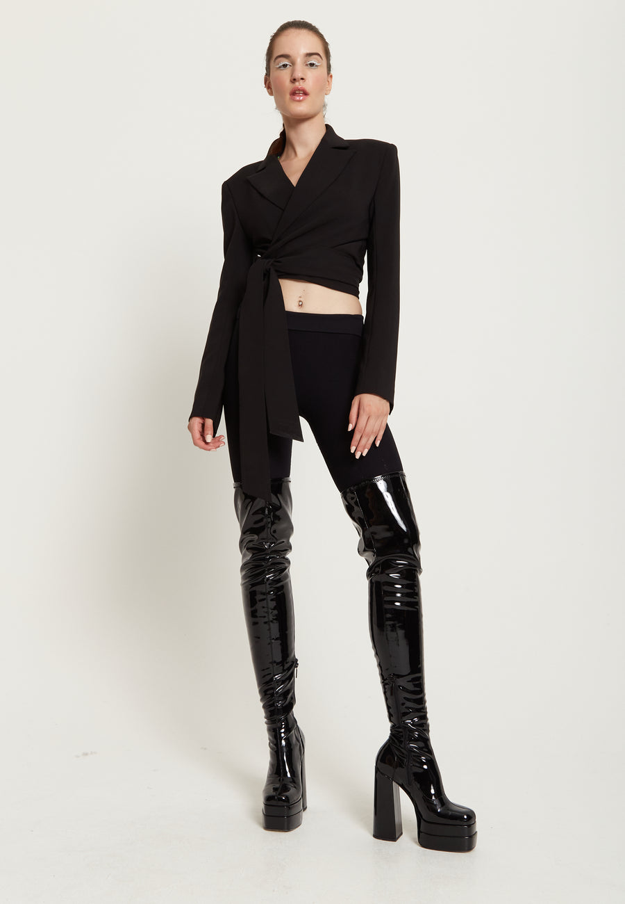 House Of Holland Crop Black Suit Blazer With Neon Green And Pink Flame Lining And Belt Detail