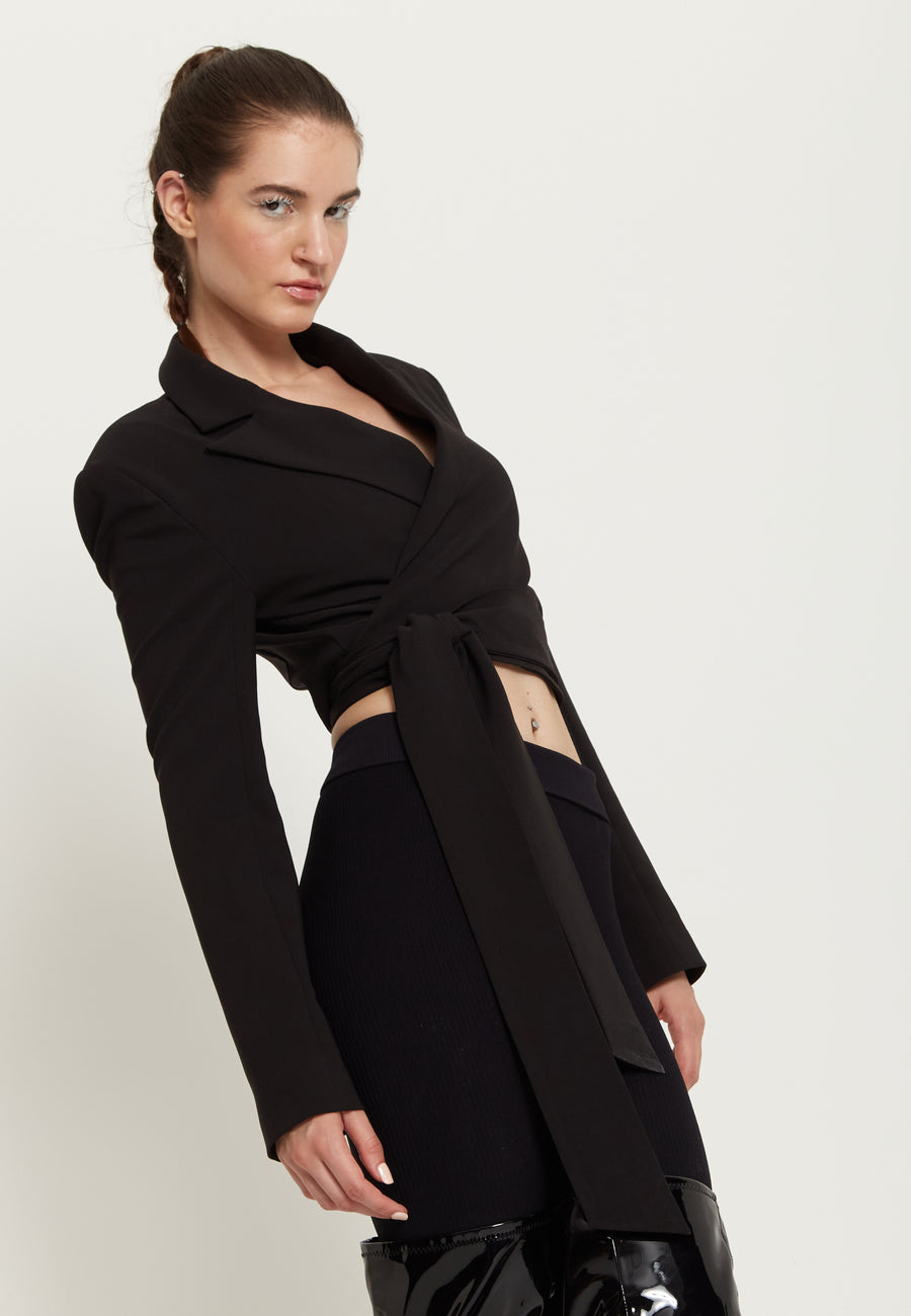 House Of Holland Crop Black Suit Blazer With Neon Green And Pink Flame Lining And Belt Detail