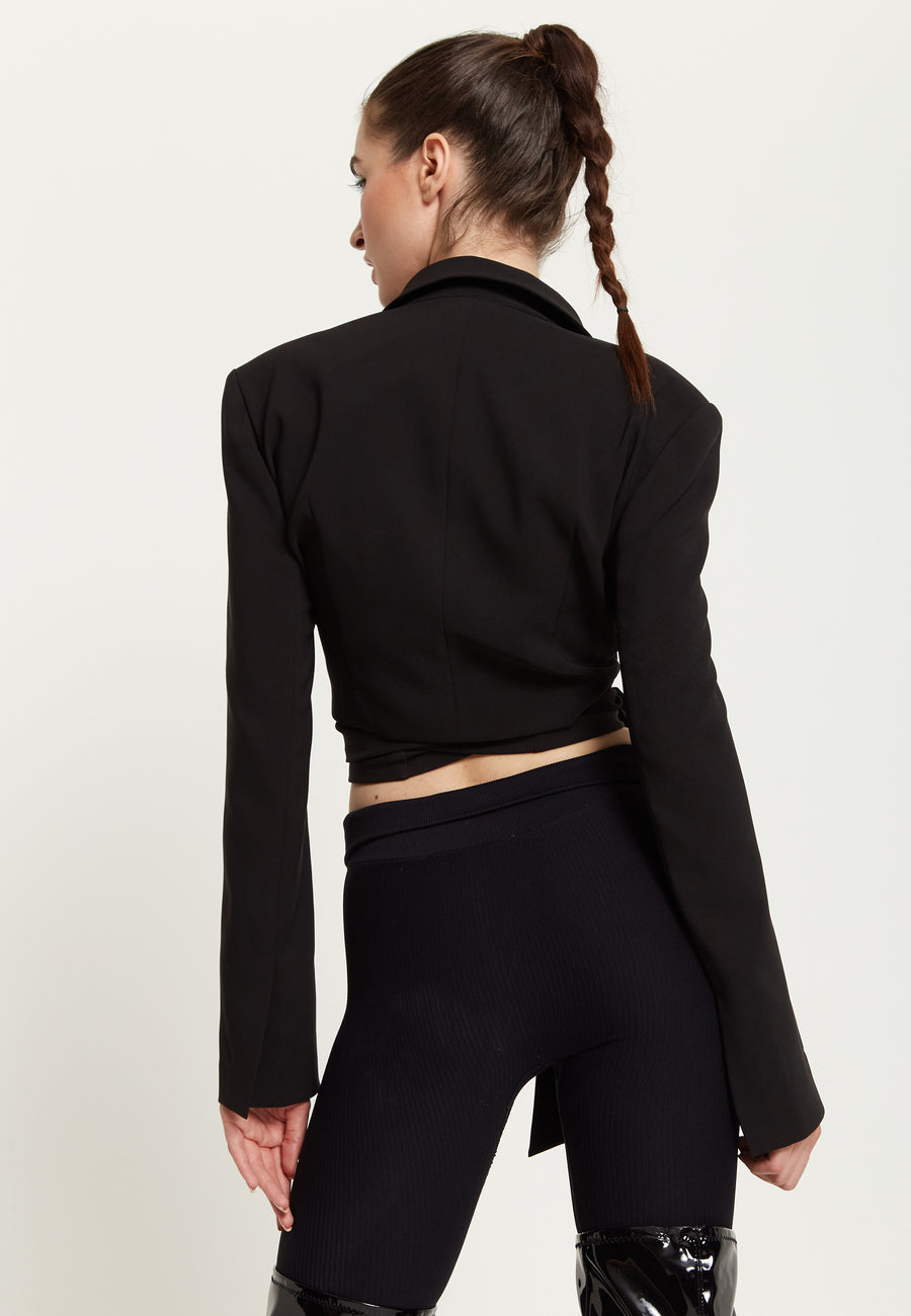 House Of Holland Crop Black Suit Blazer With Neon Green And Pink Flame Lining And Belt Detail