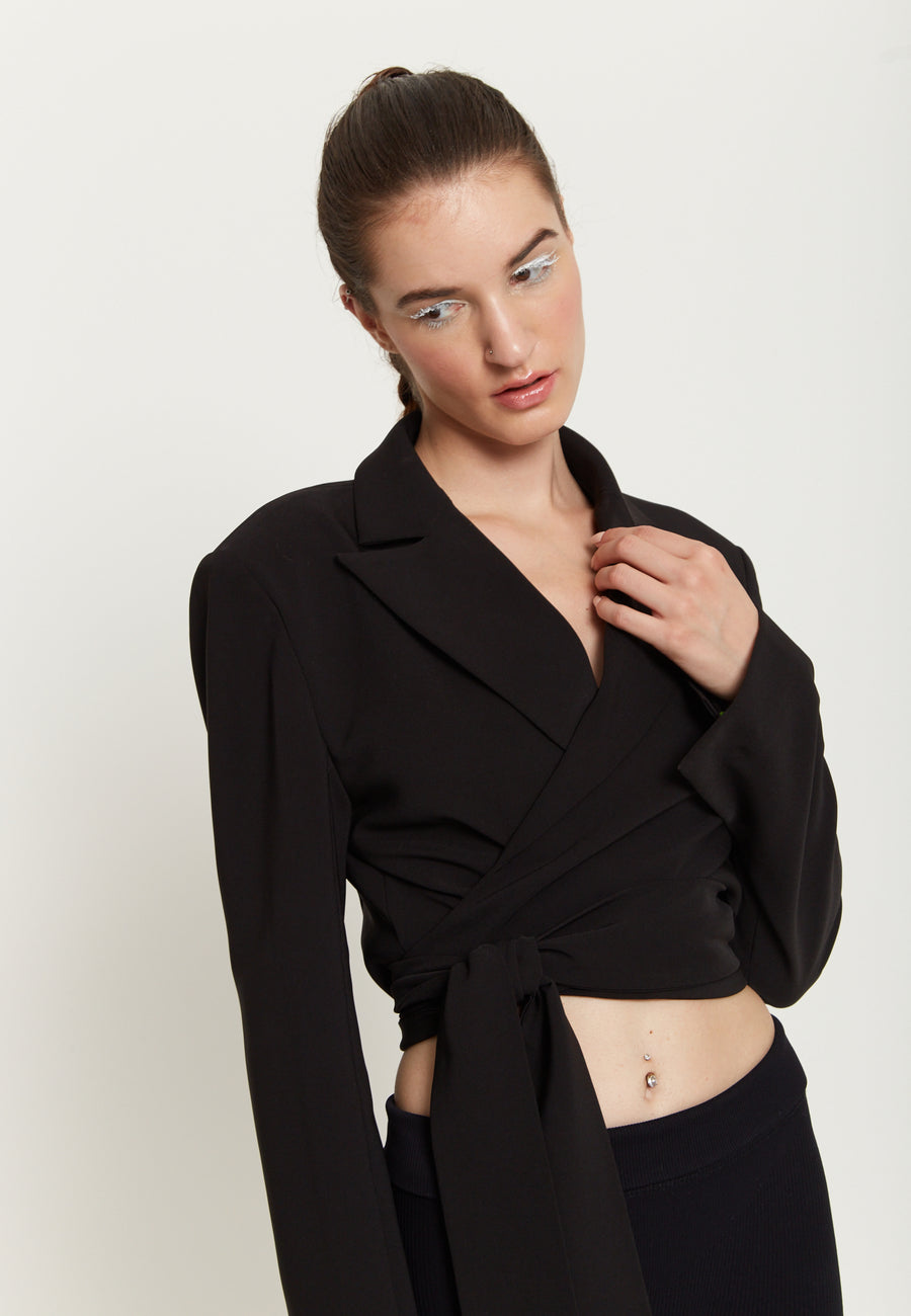 House Of Holland Crop Black Suit Blazer With Neon Green And Pink Flame Lining And Belt Detail