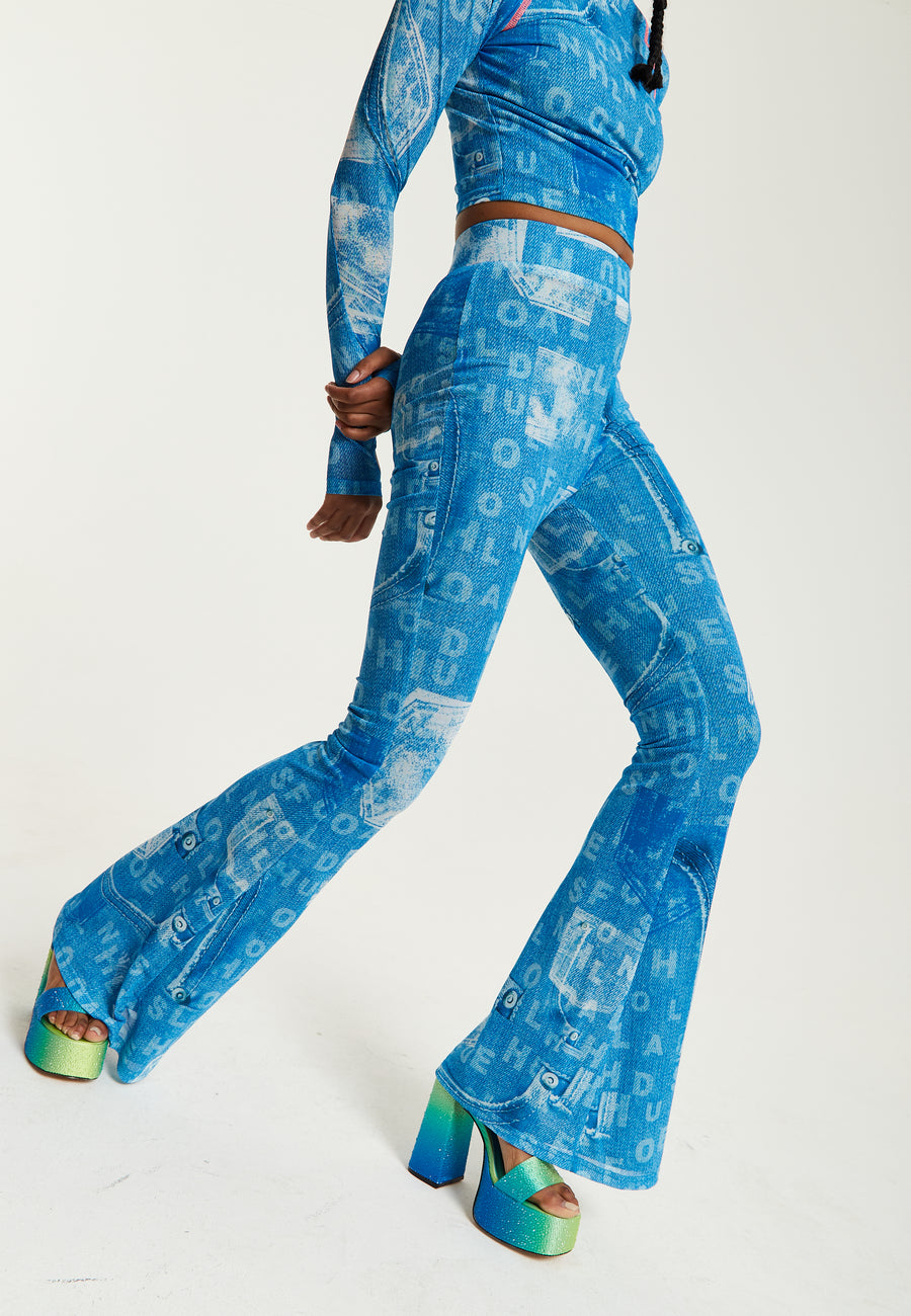 House Of Holland Denim Print Flare Trousers