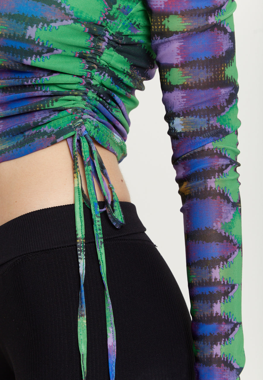 House Of Holland Snake Print Mesh Crop Top With Side Ruching Details
