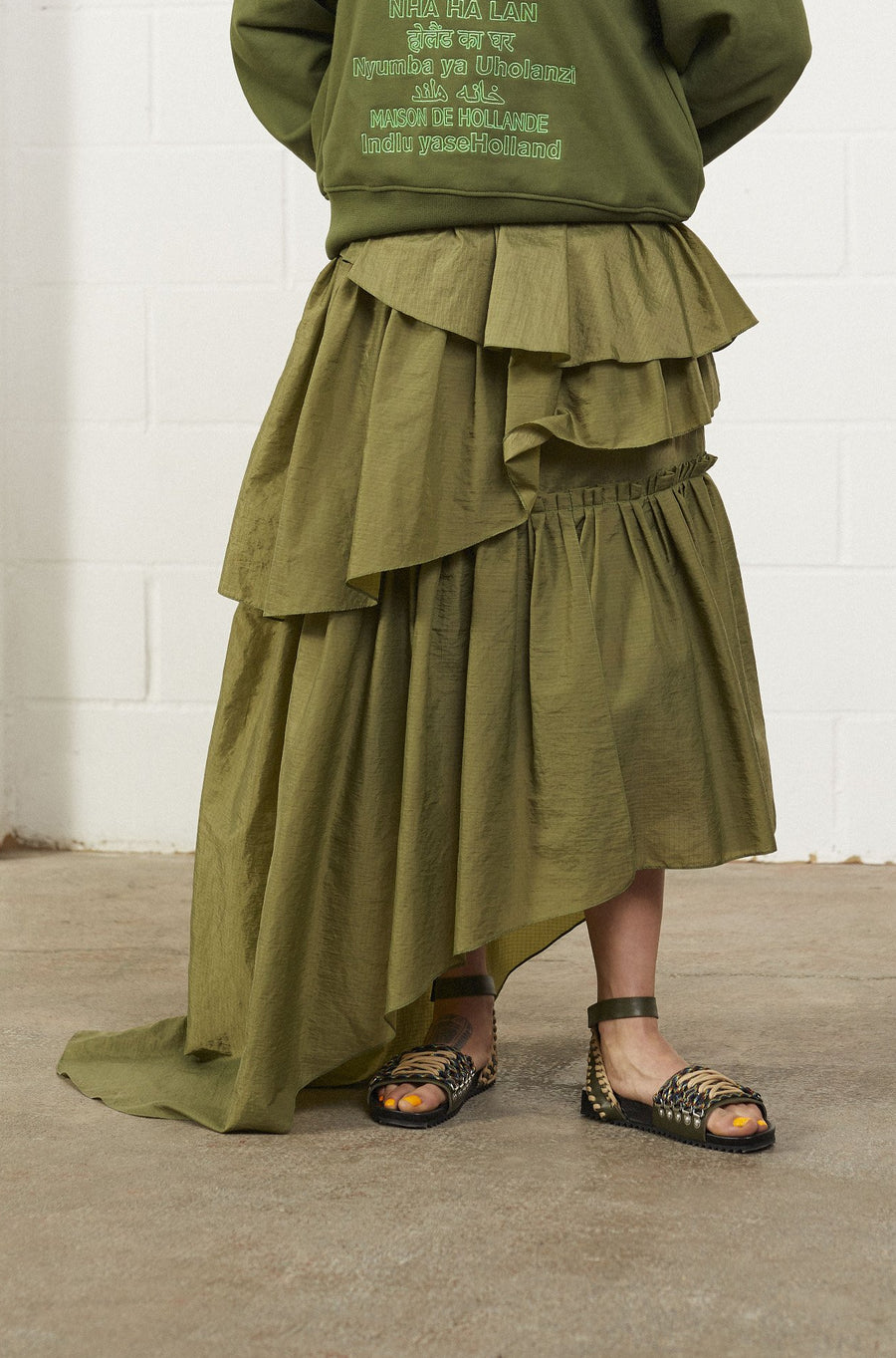 Khaki Frill Midi Skirt