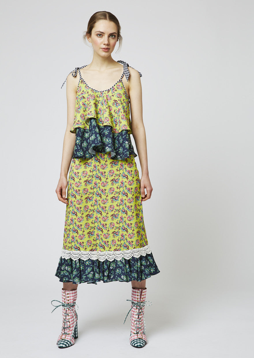 Crepe Ditsy Frill Hem Midi Skirt