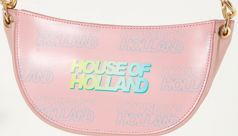 House Of Holland Shoulder Bag In Baby Pink With A Gold Chain Strap And Printed Logo
