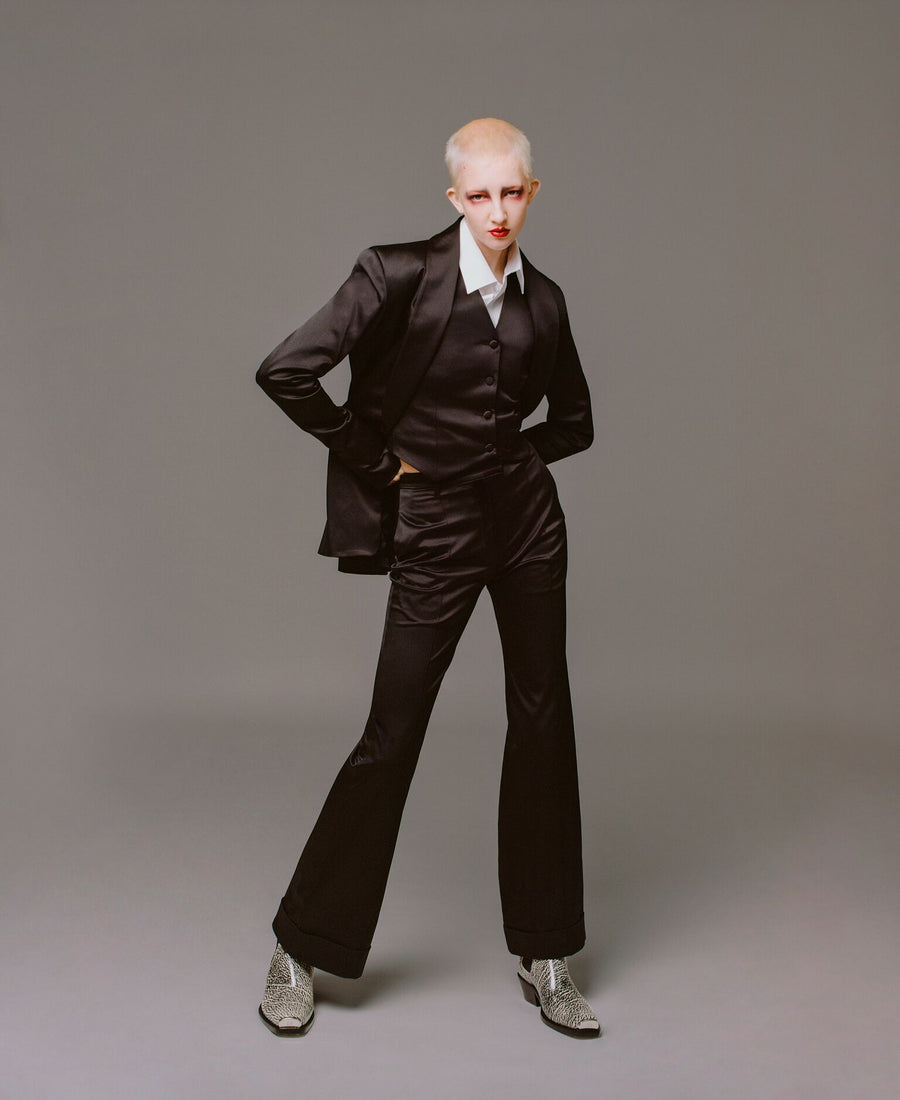 Black Satin Tailored Flared Trouser